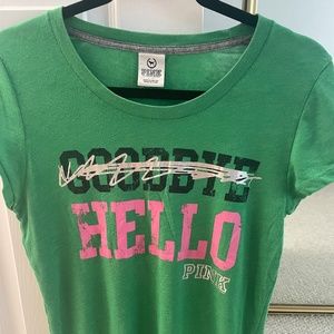 L Victoria’s Secret VS PINK Vintage Graphic TEE Retro HELLO GOODBYE green cute